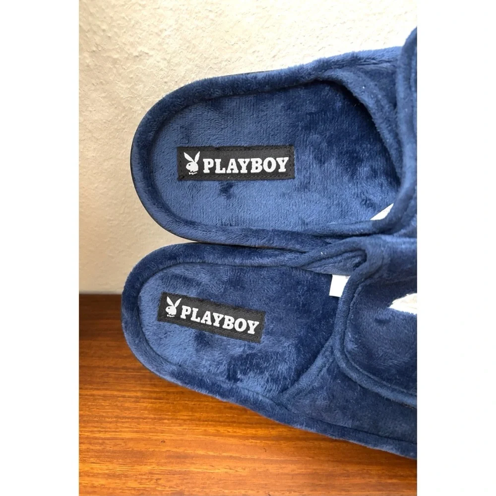PLAYBOY MENS VELOUR SLIP ON SLIPPERS L 11/12 ROYAL BLUE MEMORY FOAM DAPPER RETRO